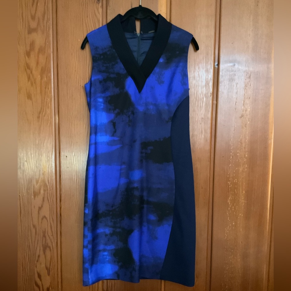 Elie Tahari Wool Black & Blue V-Neck Sheath Dress Size 4 #2344